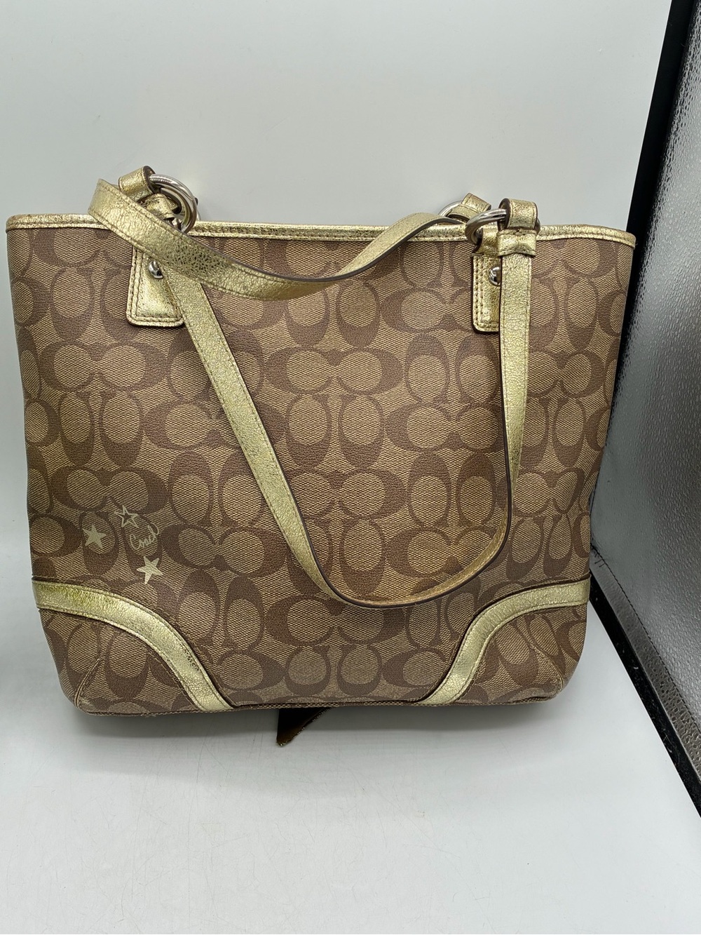 Coach Brown Signature Star Print Tote with Gold Trim - Picture 5 of 15